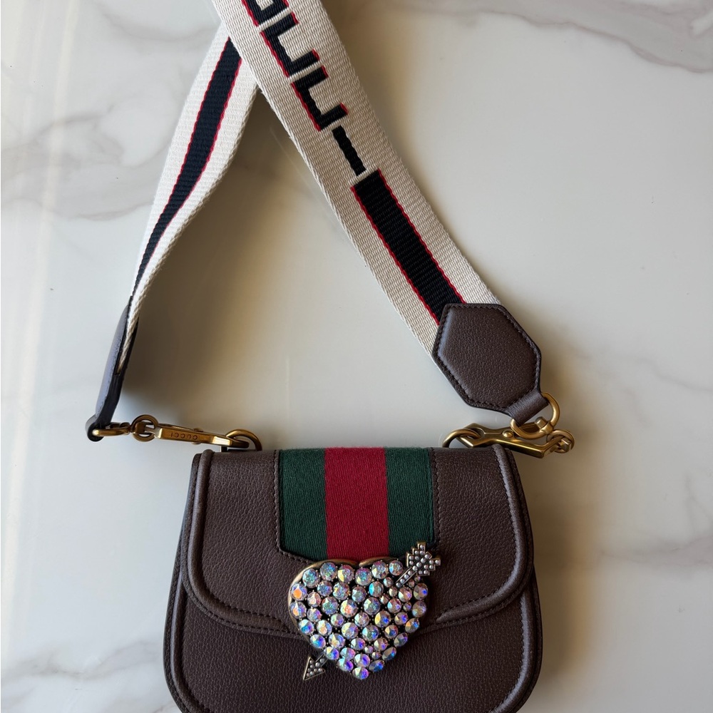 Gucci Web Stripe Shoulder Bag - Crystal Heart Accent, Brown/Green/ Red